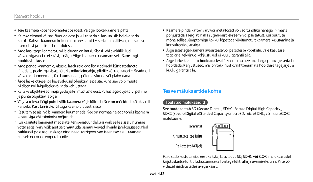 Samsung EC-WB250FFPRE2, EC-WB250FBPBE2, EC-WB250FBPWE2, EC-WB250FFPWE2 manual Teave mälukaartide kohta, Toetatud mälukaardid 