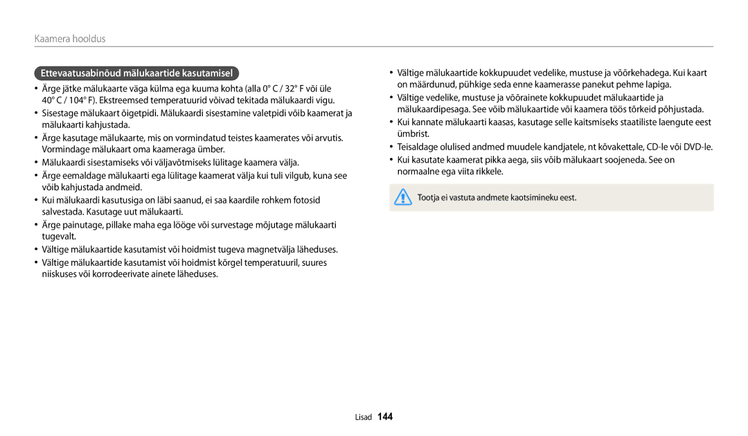 Samsung EC-WB250FBPWE2, EC-WB250FBPBE2, EC-WB250FFPWE2, EC-WB250FFPBE2 manual Ettevaatusabinõud mälukaartide kasutamisel 