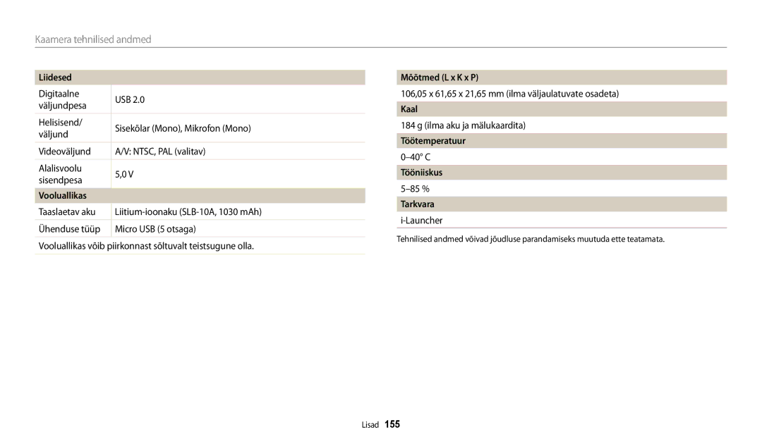 Samsung EC-WB250FBPBE2 manual Liidesed, Vooluallikas, Mõõtmed L x K x P, Kaal, Töötemperatuur, Tööniiskus, Tarkvara 