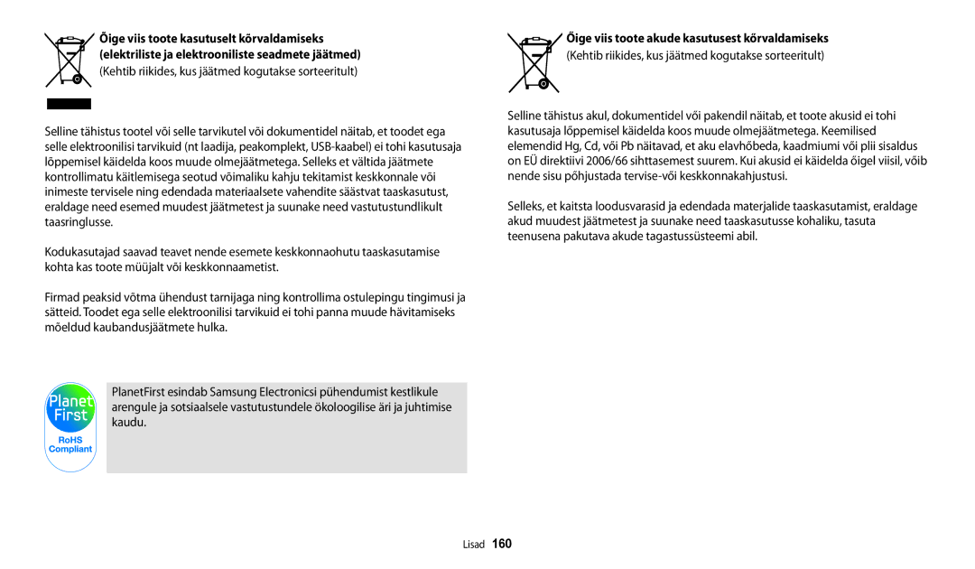 Samsung EC-WB250FFPRE2, EC-WB250FBPBE2, EC-WB250FBPWE2, EC-WB250FFPWE2 Kehtib riikides, kus jäätmed kogutakse sorteeritult 