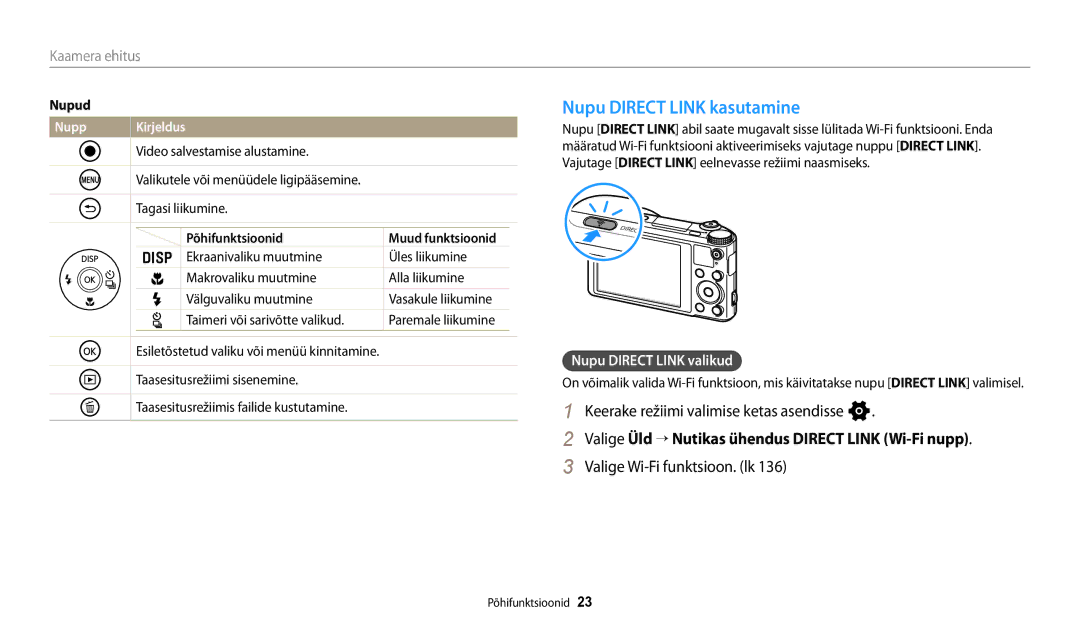 Samsung EC-WB250FBPBE2 Nupu Direct Link kasutamine, Keerake režiimi valimise ketas asendisse n, Nupu Direct Link valikud 