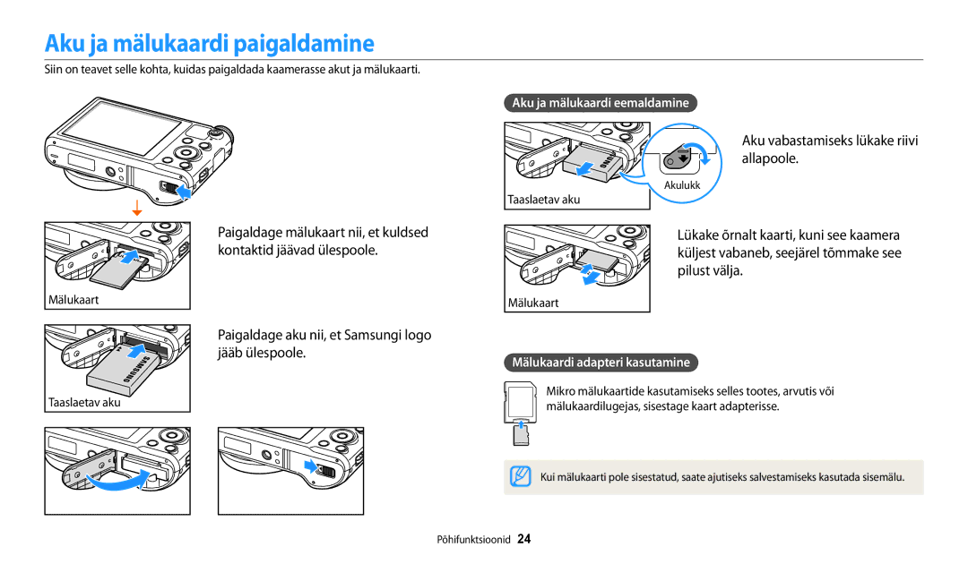 Samsung EC-WB250FBPWE2, EC-WB250FBPBE2 manual Aku ja mälukaardi paigaldamine, Aku vabastamiseks lükake riivi allapoole 