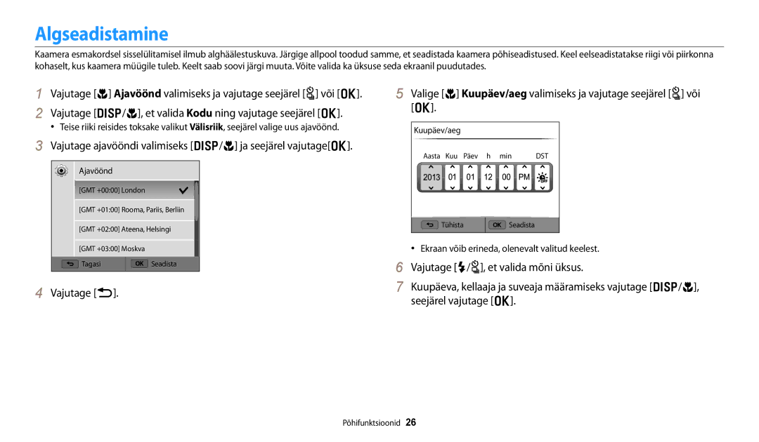 Samsung EC-WB250FFPBE2 manual Algseadistamine, Vajutage ajavööndi valimiseks D/c ja seejärel vajutageo, Vajutage b 