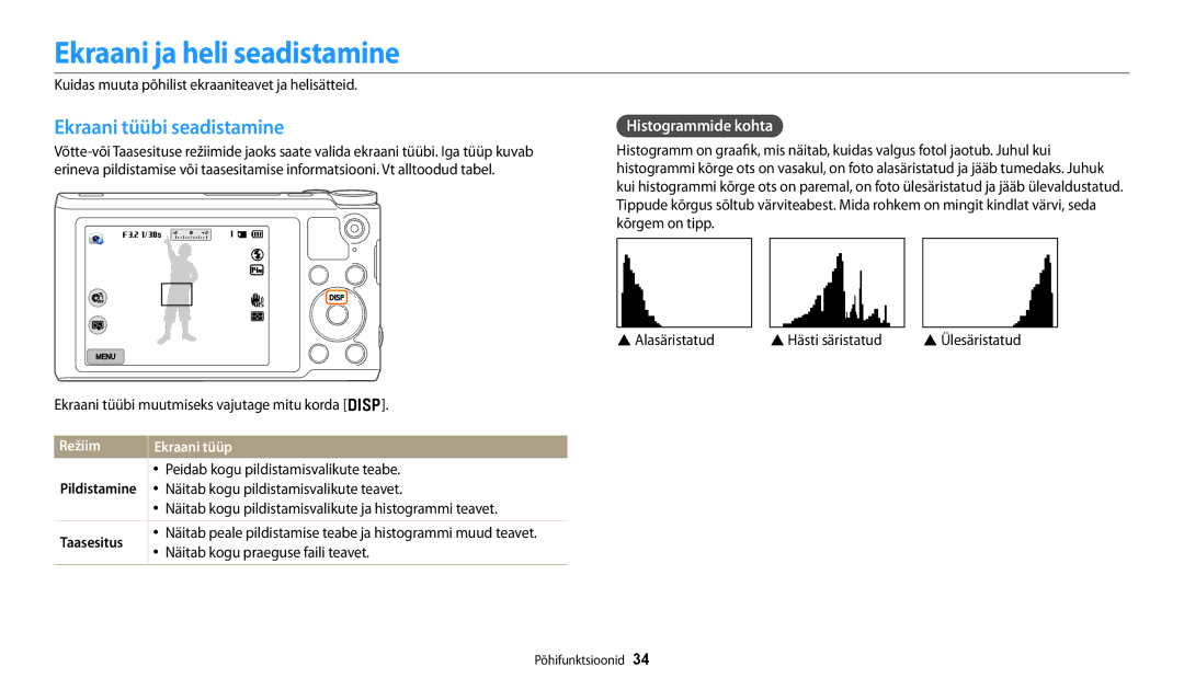 Samsung EC-WB250FFPRE2 Ekraani ja heli seadistamine, Ekraani tüübi seadistamine, Histogrammide kohta, Režiim, Taasesitus 