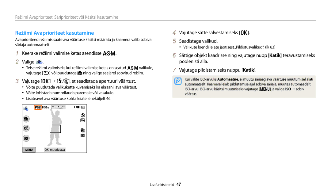 Samsung EC-WB250FBPBE2, EC-WB250FBPWE2 Režiimi Avaprioriteet kasutamine, Keerake režiimi valimise ketas asendisse G Valige 