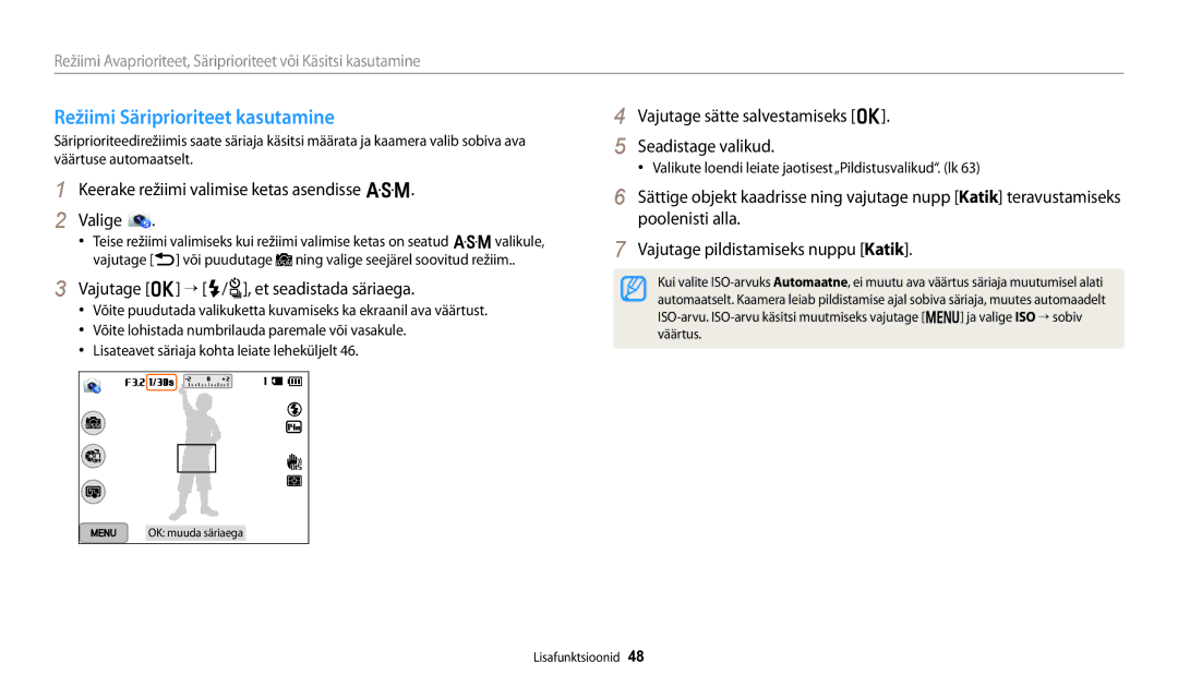 Samsung EC-WB250FBPWE2, EC-WB250FBPBE2 manual Režiimi Säriprioriteet kasutamine, Vajutage o “ F/t, et seadistada säriaega 