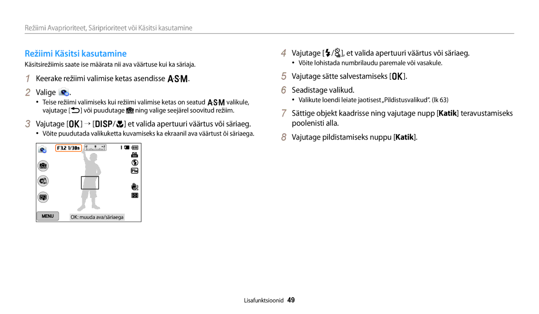 Samsung EC-WB250FFPWE2 manual Režiimi Käsitsi kasutamine, Vajutage o “ D/c et valida apertuuri väärtus või säriaeg 