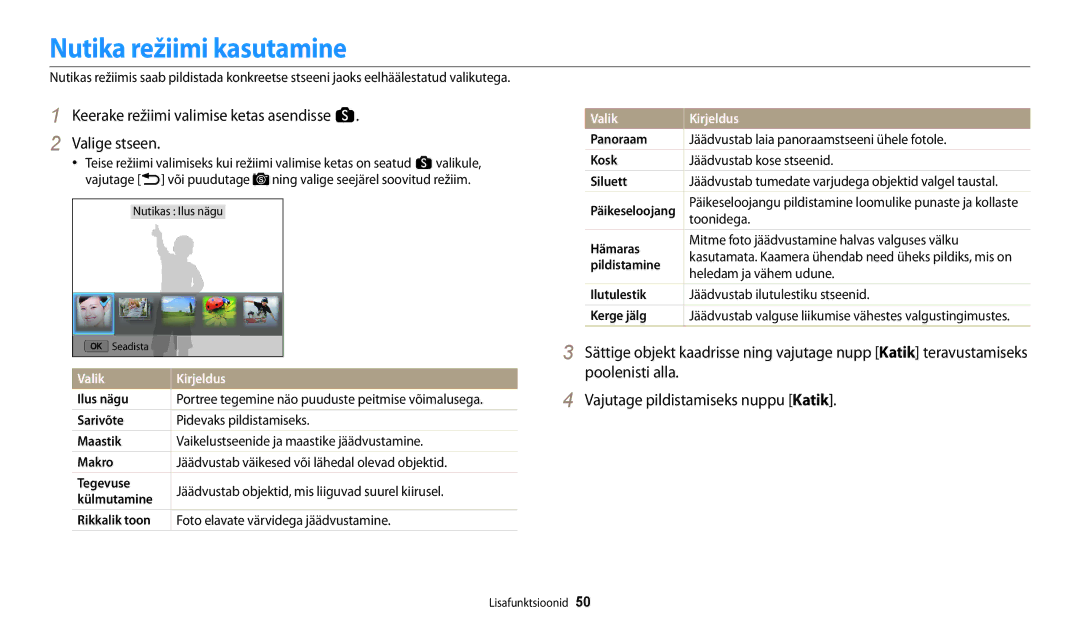 Samsung EC-WB250FFPBE2, EC-WB250FBPBE2 Nutika režiimi kasutamine, Keerake režiimi valimise ketas asendisse s Valige stseen 