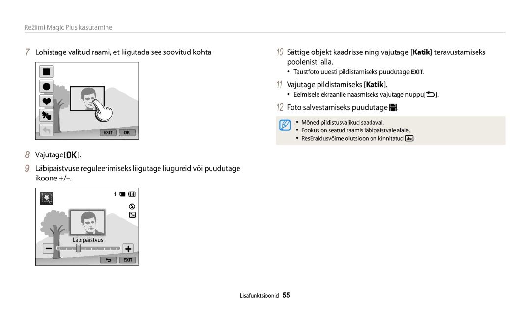 Samsung EC-WB250FFPWE2 manual Taustfoto uuesti pildistamiseks puudutage, Eelmisele ekraanile naasmiseks vajutage nuppub 