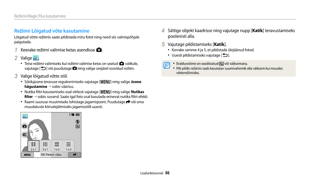 Samsung EC-WB250FFPBE2, EC-WB250FBPBE2, EC-WB250FBPWE2 manual Režiimi Lõigatud võte kasutamine, Valige lõigatud võtte stiil 