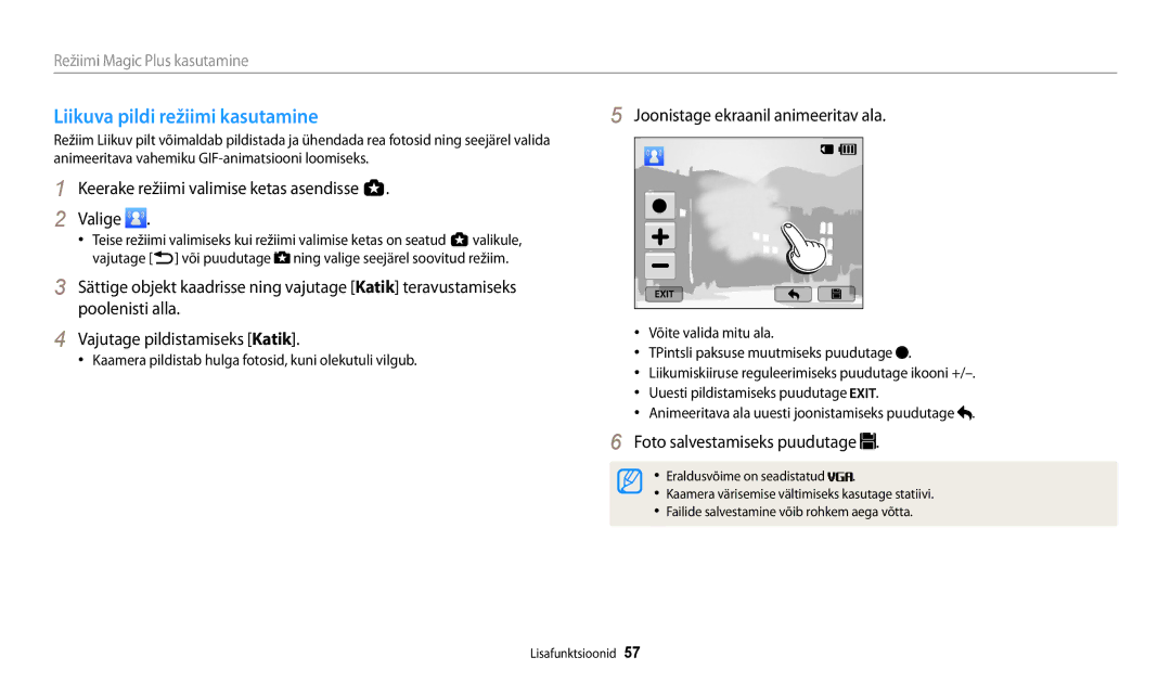 Samsung EC-WB250FBPRE2, EC-WB250FBPBE2 manual Liikuva pildi režiimi kasutamine, Joonistage ekraanil animeeritav ala 