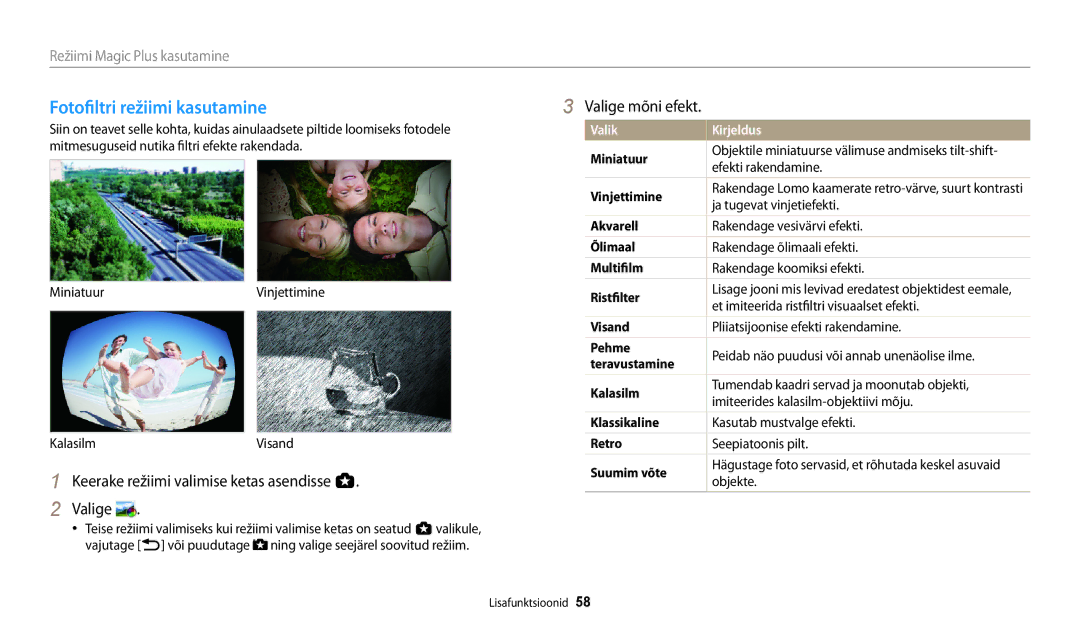 Samsung EC-WB250FFPRE2, EC-WB250FBPBE2, EC-WB250FBPWE2, EC-WB250FFPWE2 manual Fotofiltri režiimi kasutamine, Valige mõni efekt 