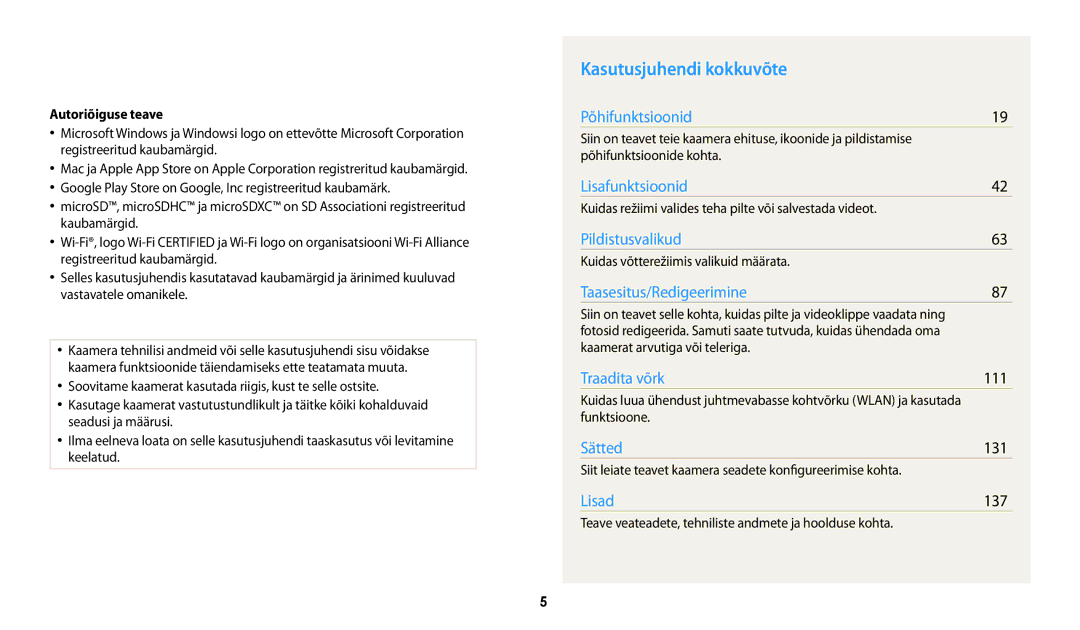 Samsung EC-WB250FBPBE2, EC-WB250FBPWE2, EC-WB250FFPWE2 manual Kasutusjuhendi kokkuvõte, 111, 131, 137, Autoriõiguse teave 