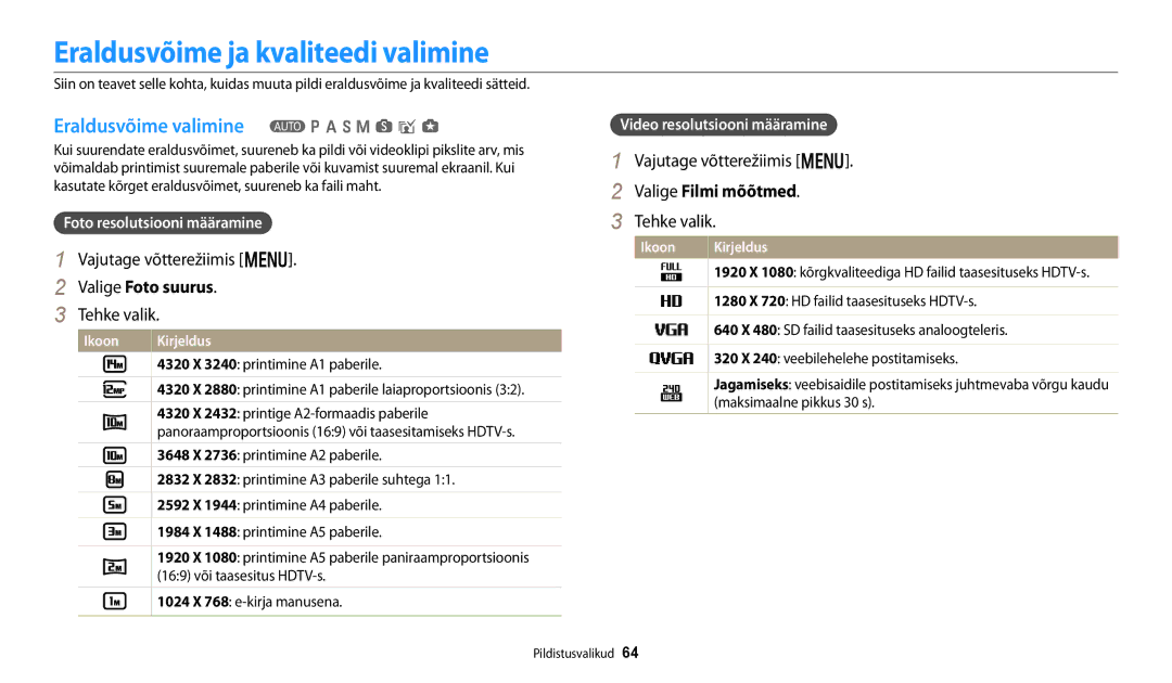 Samsung EC-WB250FFPRE2 Eraldusvõime ja kvaliteedi valimine, Eraldusvõime valimine T p a h M s i g, Valige Foto suurus 