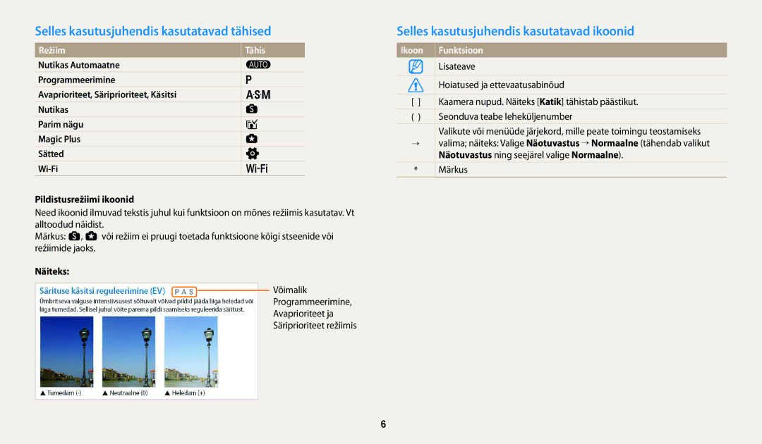 Samsung EC-WB250FBPWE2 Selles kasutusjuhendis kasutatavad tähised, Selles kasutusjuhendis kasutatavad ikoonid, Näiteks 