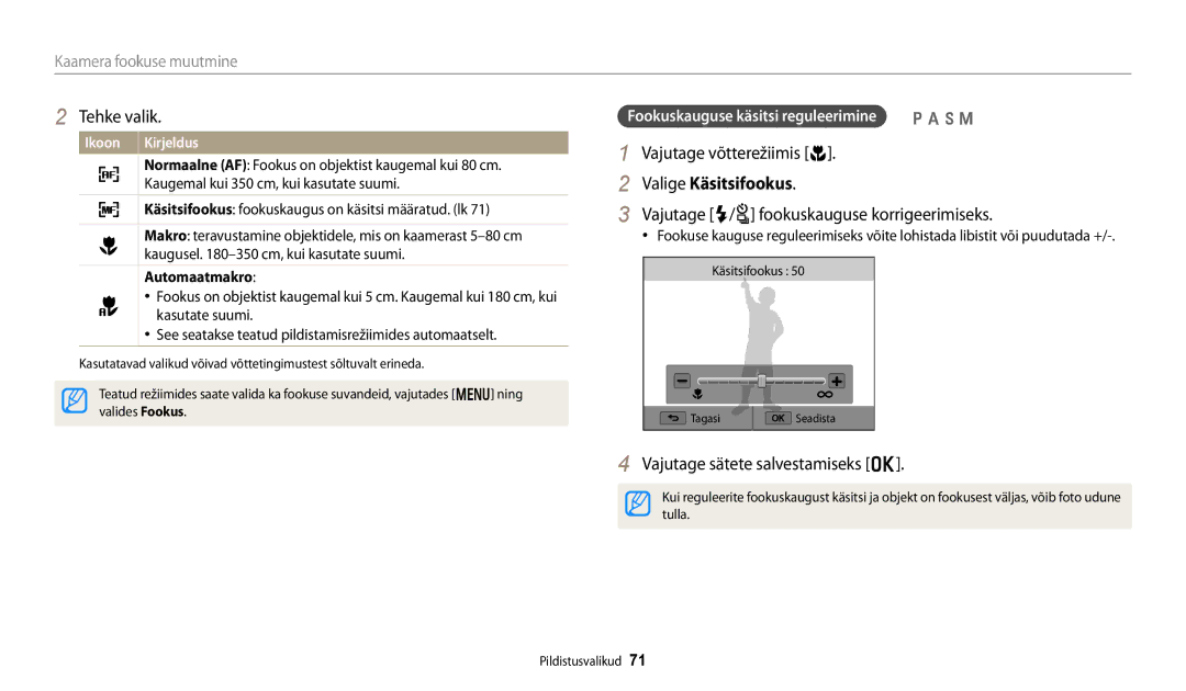 Samsung EC-WB250FBPBE2, EC-WB250FBPWE2 Valige Käsitsifookus, Vajutage F/t fookuskauguse korrigeerimiseks, Automaatmakro 