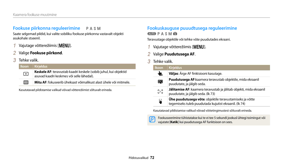 Samsung EC-WB250FBPWE2, EC-WB250FBPBE2 Fookuse piirkonna reguleerimine p a h M, Fookuskauguse puuudtusega reguleerimine 