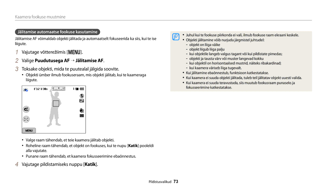 Samsung EC-WB250FFPWE2 manual Valige Puudutusega AF “ Jälitamise AF, Toksake objekti, mida te puutealal jälgida soovite 