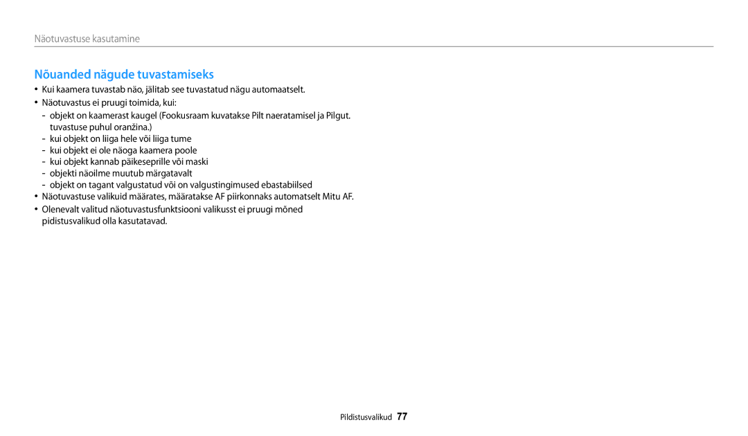 Samsung EC-WB250FBPBE2, EC-WB250FBPWE2, EC-WB250FFPWE2, EC-WB250FFPBE2, EC-WB250FBPRE2 manual Nõuanded nägude tuvastamiseks 