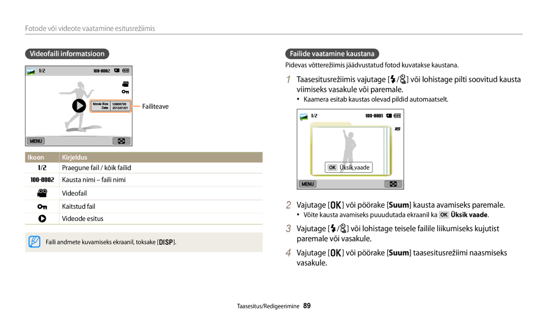 Samsung EC-WB250FBPBE2, EC-WB250FBPWE2 Vajutage o või pöörake Suum kausta avamiseks paremale, Videofaili informatsioon 