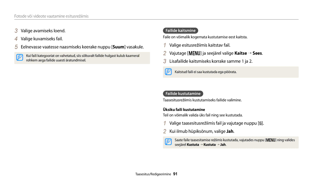 Samsung EC-WB250FFPWE2 manual Valige avamiseks loend Valige kuvamiseks fail, Failide kaitsmine, Failide kustutamine 