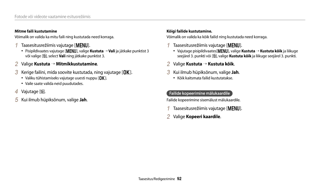 Samsung EC-WB250FFPBE2 manual Valige Kustuta “ Mitmikkustutamine, Valige Kustuta “ Kustuta kõik, Valige Kopeeri kaardile 