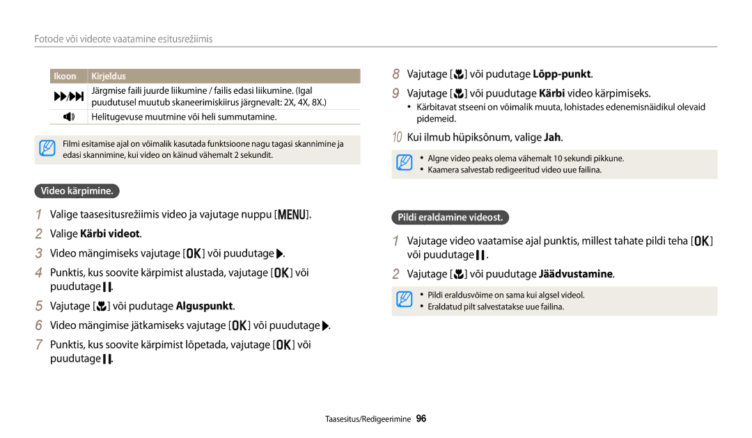 Samsung EC-WB250FBPWE2 manual Valige taasesitusrežiimis video ja vajutage nuppu m, Valige Kärbi videot, Video kärpimine 