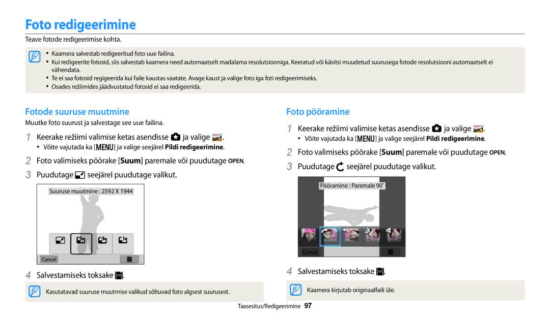 Samsung EC-WB250FFPWE2 Foto redigeerimine, Fotode suuruse muutmine, Keerake režiimi valimise ketas asendisse g ja valige 