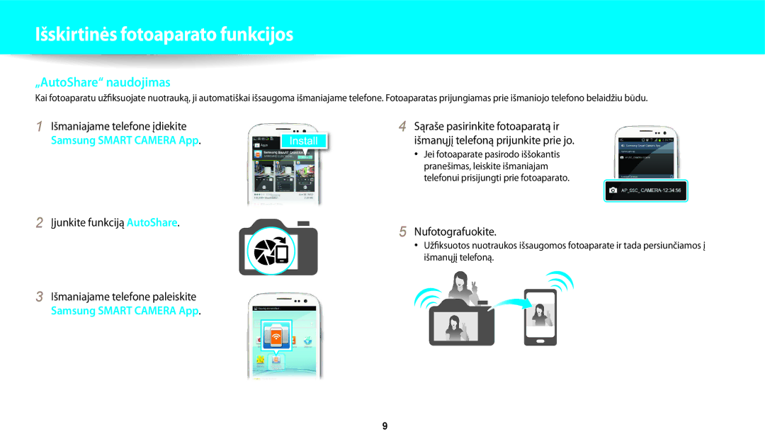 Samsung EC-WB250FBPRE2 manual Išmaniajame telefone įdiekite, Įjunkite funkciją AutoShare Išmaniajame telefone paleiskite 