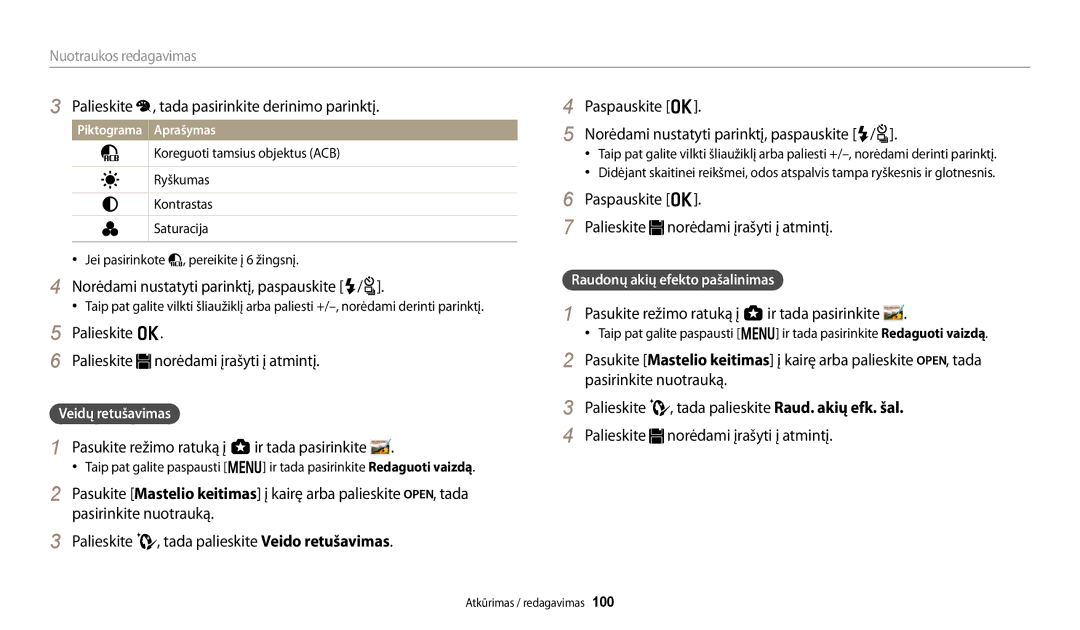 Samsung EC-WB250FFPRE2 manual Palieskite , tada pasirinkite derinimo parinktį, Norėdami nustatyti parinktį, paspauskite F/t 