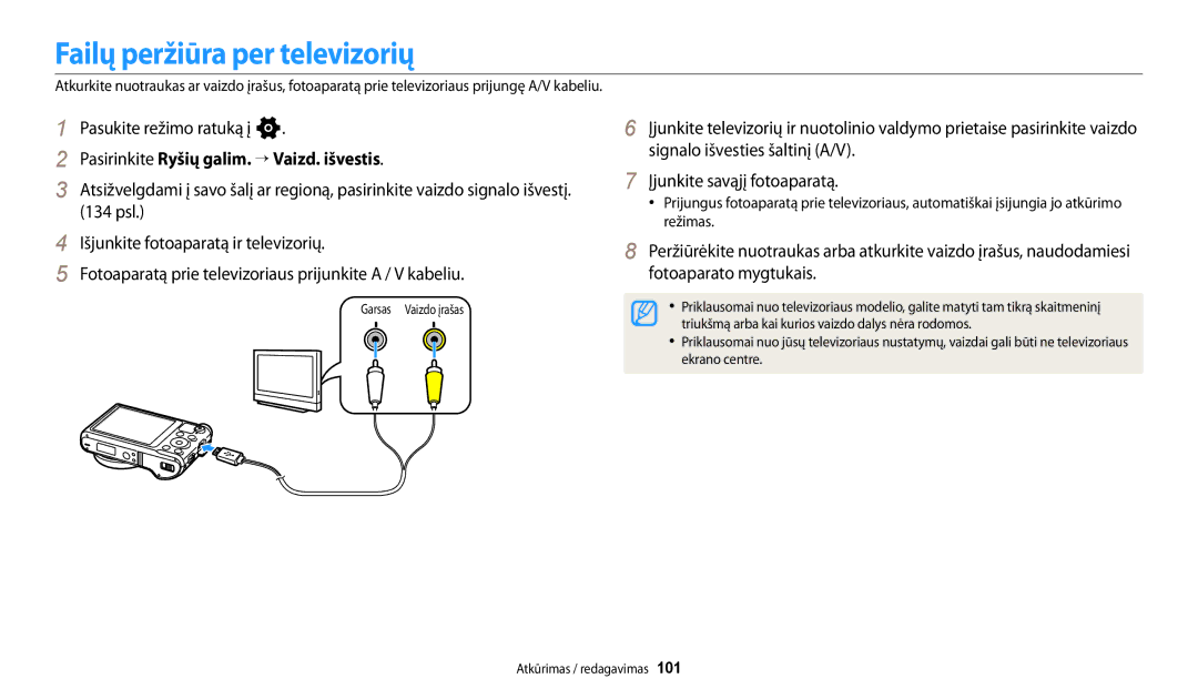 Samsung EC-WB250FBPBE2, EC-WB250FBPWE2 manual Failų peržiūra per televizorių, Pasirinkite Ryšių galim. “ Vaizd. išvestis 