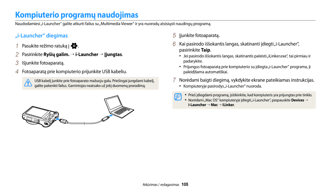 Samsung EC-WB250FBPRE2 Kompiuterio programų naudojimas, „i-Launcher diegimas, Kompiuteryje pasirodys„i-Launcher nuoroda 