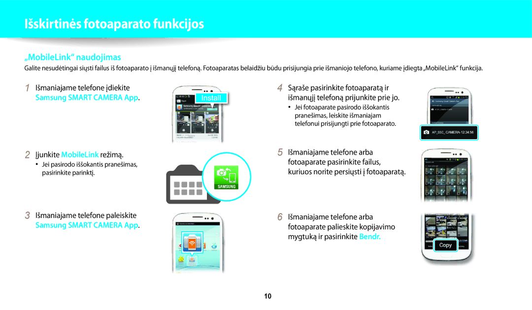 Samsung EC-WB250FFPRE2, EC-WB250FBPBE2, EC-WB250FBPWE2, EC-WB250FFPWE2 „MobileLink naudojimas, Įjunkite MobileLink režimą 