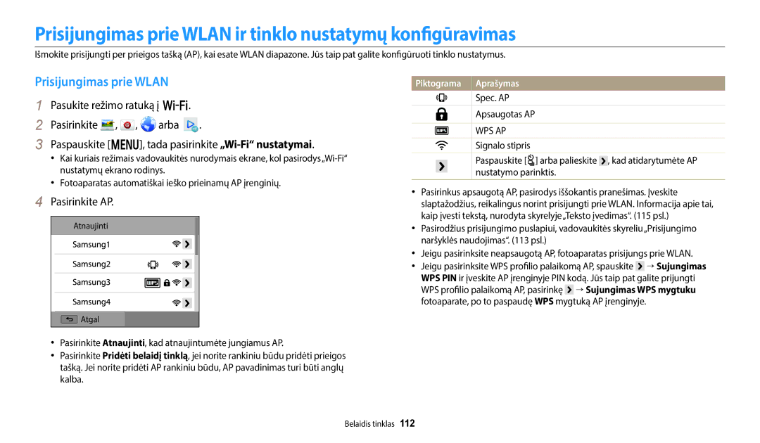 Samsung EC-WB250FFPRE2 Prisijungimas prie Wlan ir tinklo nustatymų konfigūravimas, Pasirinkite AP, Spec. AP Apsaugotas AP 