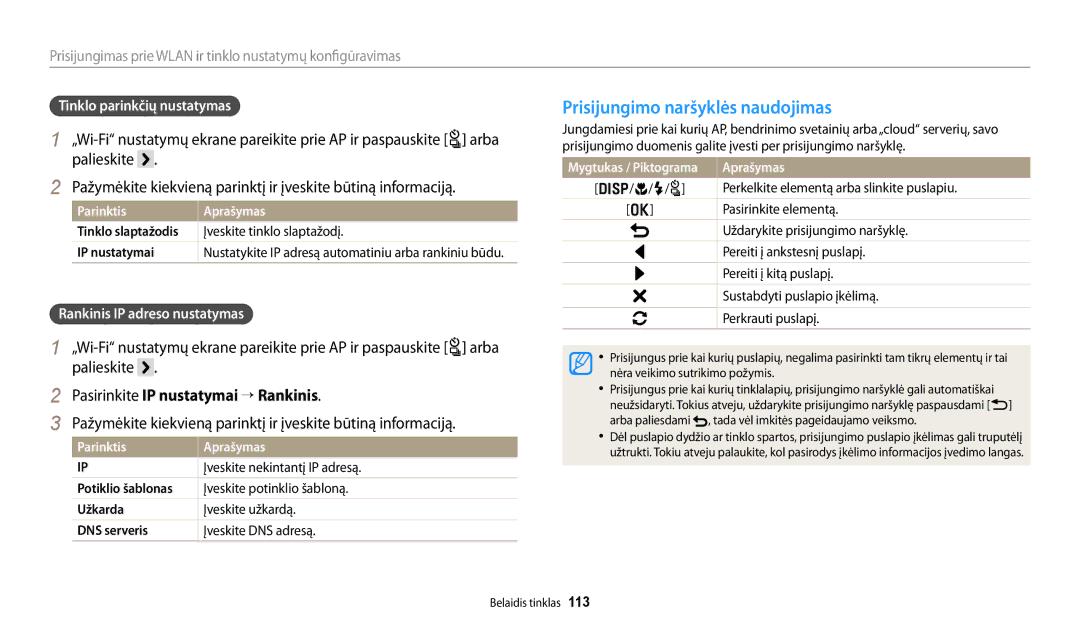 Samsung EC-WB250FBPBE2, EC-WB250FBPWE2 Prisijungimo naršyklės naudojimas, Palieskite, Pasirinkite IP nustatymai “ Rankinis 