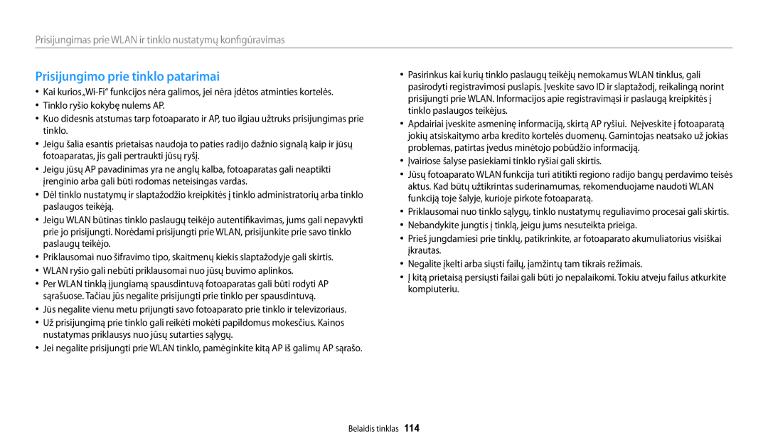 Samsung EC-WB250FBPWE2 manual Prisijungimo prie tinklo patarimai, Įvairiose šalyse pasiekiami tinklo ryšiai gali skirtis 