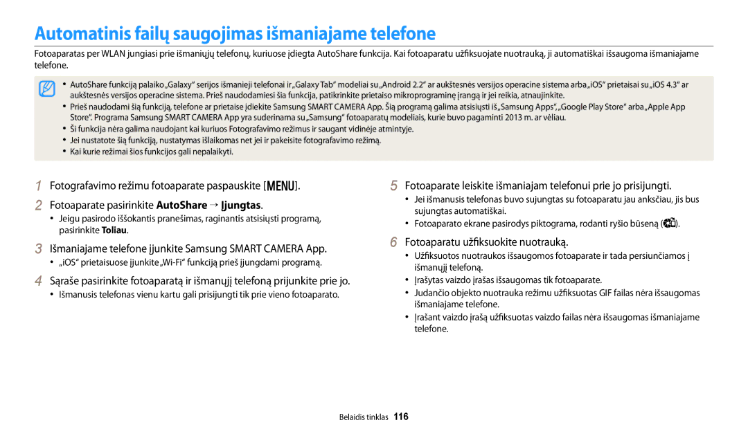 Samsung EC-WB250FFPBE2 manual Automatinis failų saugojimas išmaniajame telefone, Fotoaparatu užfiksuokite nuotrauką 