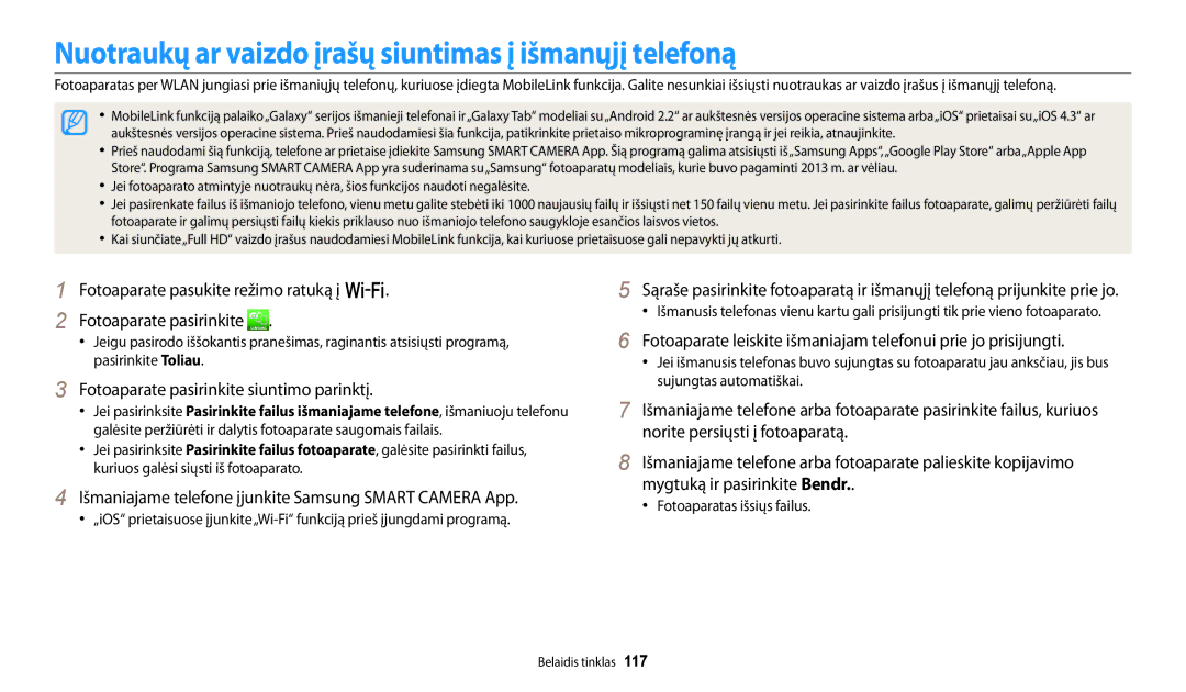 Samsung EC-WB250FBPRE2 Nuotraukų ar vaizdo įrašų siuntimas į išmanųjį telefoną, Fotoaparate pasirinkite siuntimo parinktį 