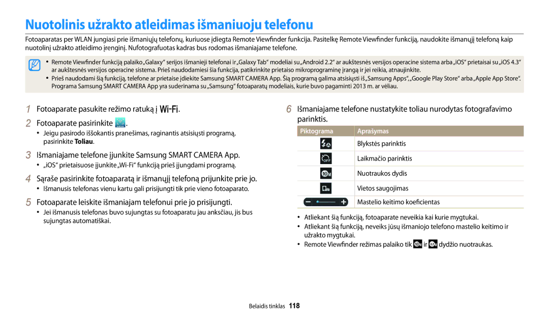 Samsung EC-WB250FFPRE2 manual Nuotolinis užrakto atleidimas išmaniuoju telefonu, Blykstės parinktis, Laikmačio parinktis 