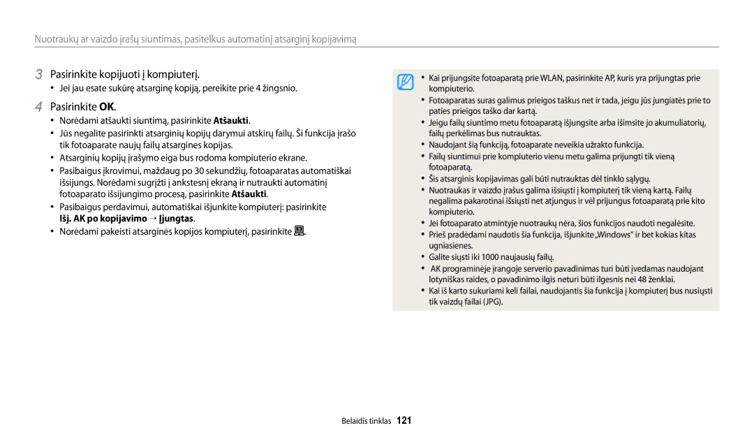 Samsung EC-WB250FFPWE2 manual Pasirinkite kopijuoti į kompiuterį, Pasirinkite OK, Išj. AK po kopijavimo “ Įjungtas 