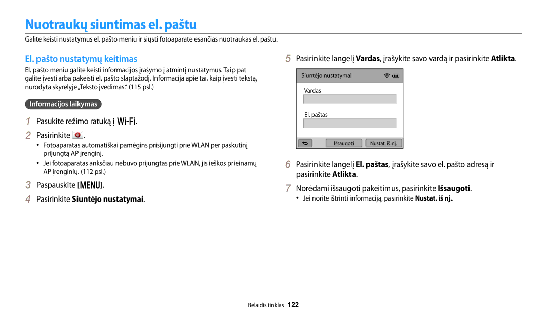 Samsung EC-WB250FFPBE2 manual Nuotraukų siuntimas el. paštu, El. pašto nustatymų keitimas, Pasirinkite Siuntėjo nustatymai 