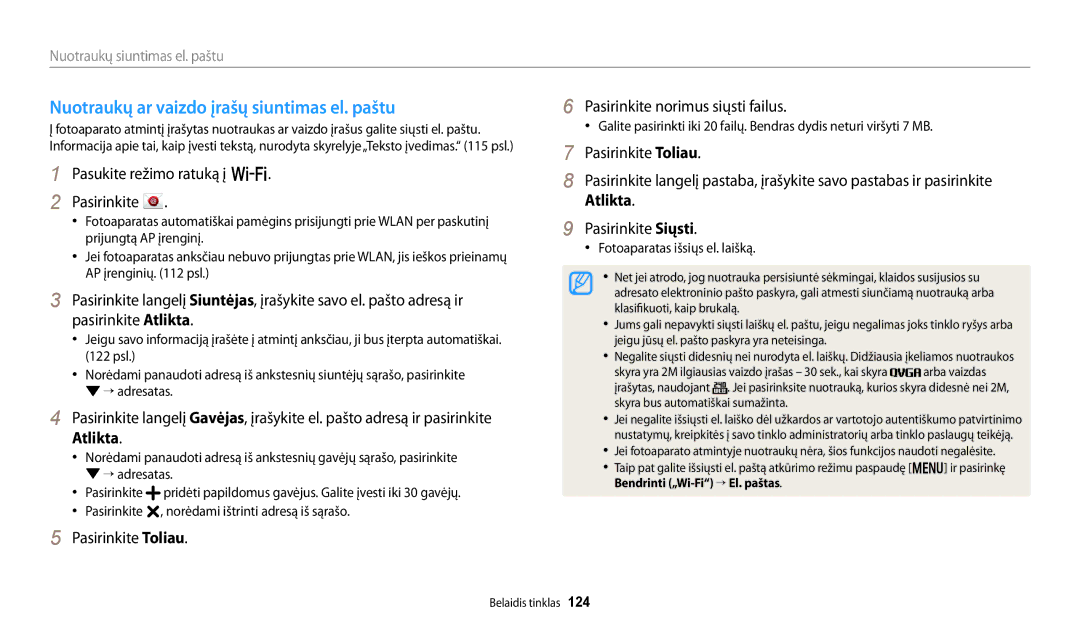 Samsung EC-WB250FFPRE2, EC-WB250FBPBE2 manual Nuotraukų ar vaizdo įrašų siuntimas el. paštu, Atlikta, Pasirinkite Siųsti 