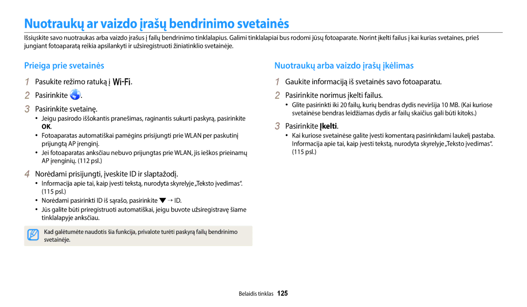 Samsung EC-WB250FBPBE2, EC-WB250FBPWE2 manual Nuotraukų ar vaizdo įrašų bendrinimo svetainės, Prieiga prie svetainės 