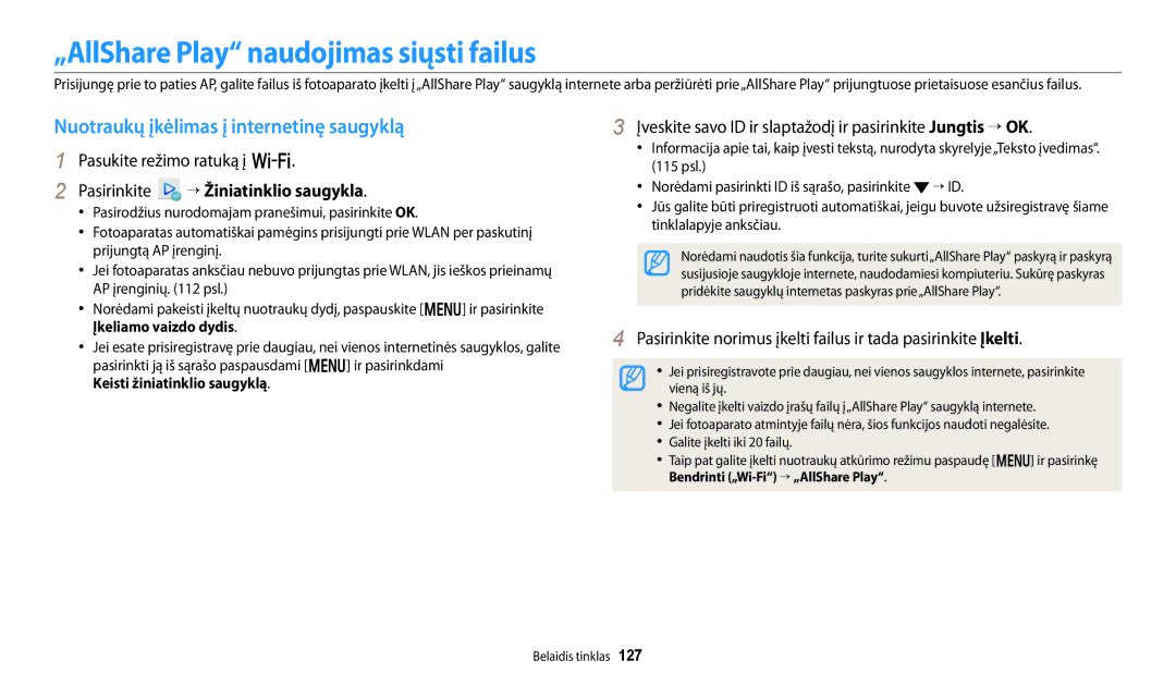 Samsung EC-WB250FFPWE2, EC-WB250FBPBE2 „AllShare Play naudojimas siųsti failus, Nuotraukų įkėlimas į internetinę saugyklą 