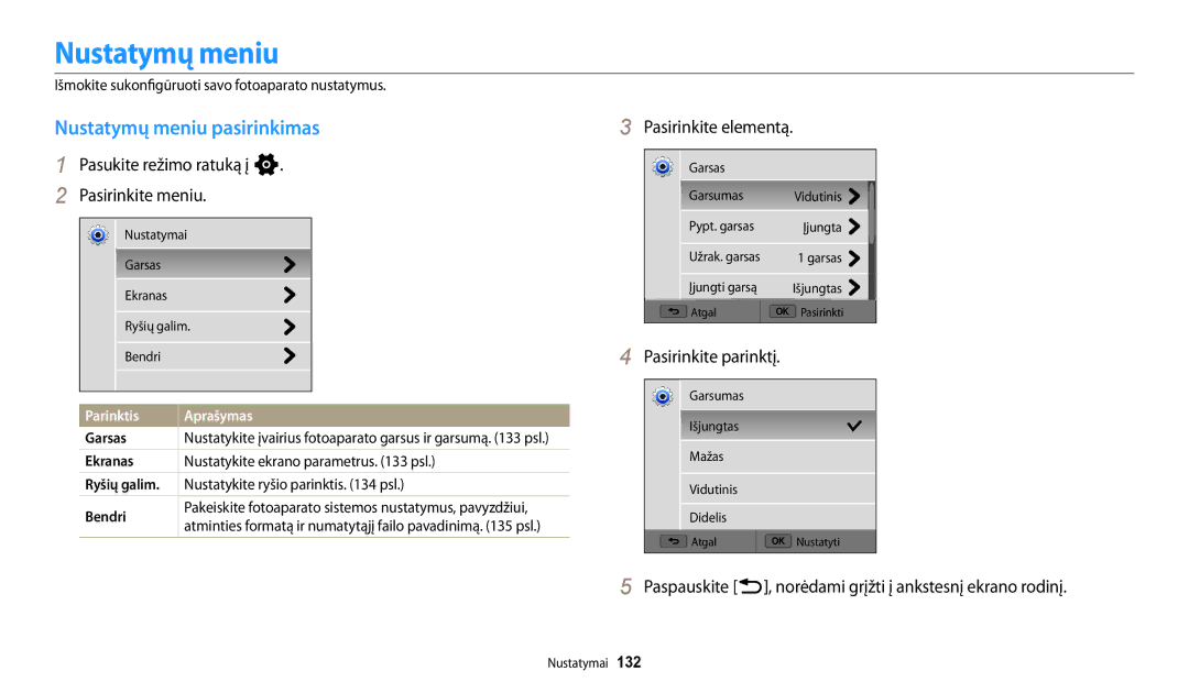 Samsung EC-WB250FBPWE2, EC-WB250FBPBE2 manual Nustatymų meniu pasirinkimas, Pasukite režimo ratuką į n Pasirinkite meniu 