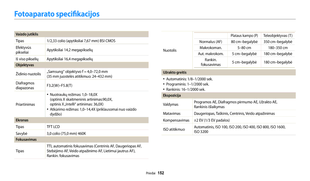 Samsung EC-WB250FFPBE2, EC-WB250FBPBE2, EC-WB250FBPWE2 manual Fotoaparato specifikacijos, Vaizdo jutiklis, Ekspozicija 