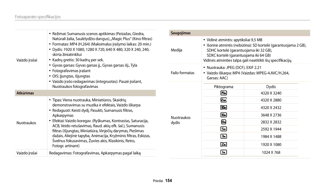 Samsung EC-WB250FFPRE2, EC-WB250FBPBE2, EC-WB250FBPWE2, EC-WB250FFPWE2, EC-WB250FFPBE2, EC-WB250FBPRE2 manual Saugojimas 