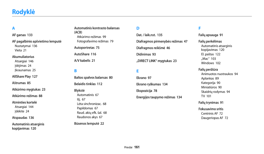 Samsung EC-WB250FBPBE2, EC-WB250FBPWE2, EC-WB250FFPWE2 manual Rodyklė, Nustatymai Vieta, Centrinis AF Daugeriopas AF 