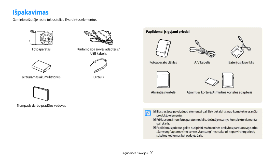 Samsung EC-WB250FFPBE2, EC-WB250FBPBE2, EC-WB250FBPWE2, EC-WB250FFPWE2 manual Išpakavimas, Papildomai įsigyjami priedai 