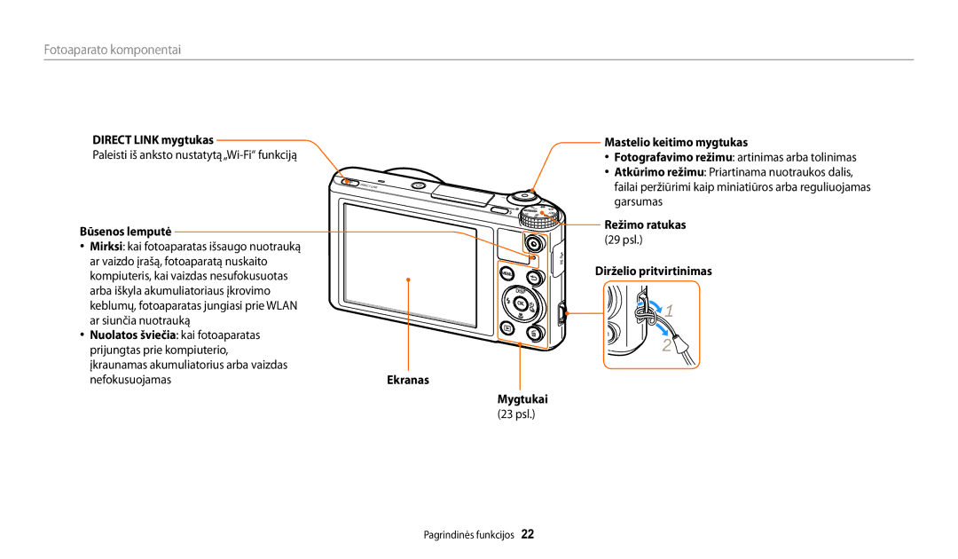 Samsung EC-WB250FFPRE2 manual Direct Link mygtukas Mastelio keitimo mygtukas, Būsenos lemputė Režimo ratukas, Ekranas 